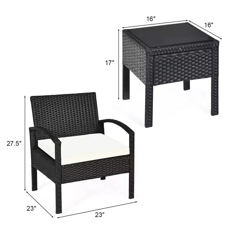 Costway 3PCS Patio Rattan Furniture Set Table & Chairs Set with Thick Cushions Garden