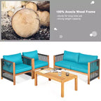 Costway 8PCS Wooden Patio Furniture Set Cushioned Sofa W/Rope Armrest White\Turquoise\Red