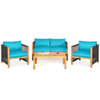 Costway 8PCS Wooden Patio Furniture Set Cushioned Sofa W/Rope Armrest White\Turquoise\Red