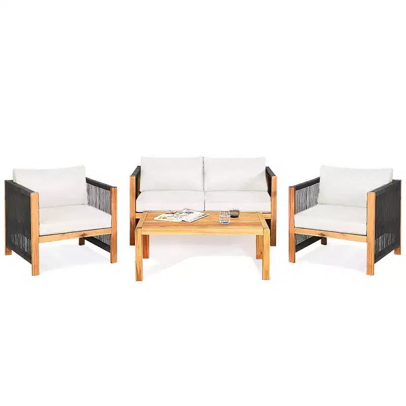 Costway 8PCS Wooden Patio Furniture Set Cushioned Sofa W/Rope Armrest White\Turquoise\Red