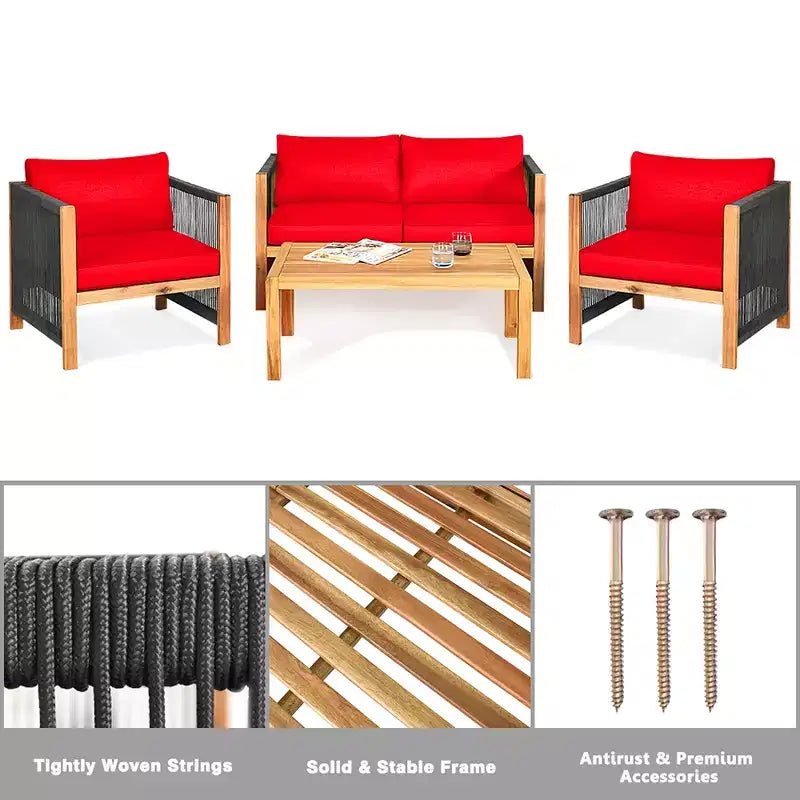 Costway 8PCS Wooden Patio Furniture Set Cushioned Sofa W/Rope Armrest White\Turquoise\Red