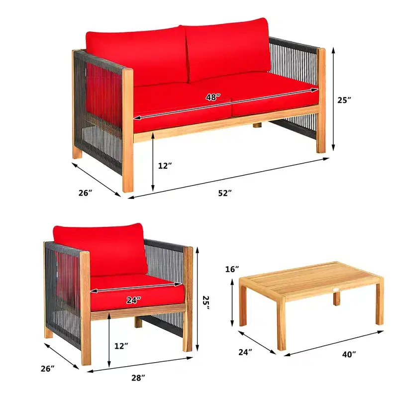 Costway 8PCS Wooden Patio Furniture Set Cushioned Sofa W/Rope Armrest White\Turquoise\Red