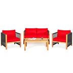 Costway 8PCS Wooden Patio Furniture Set Cushioned Sofa W/Rope Armrest White\Turquoise\Red