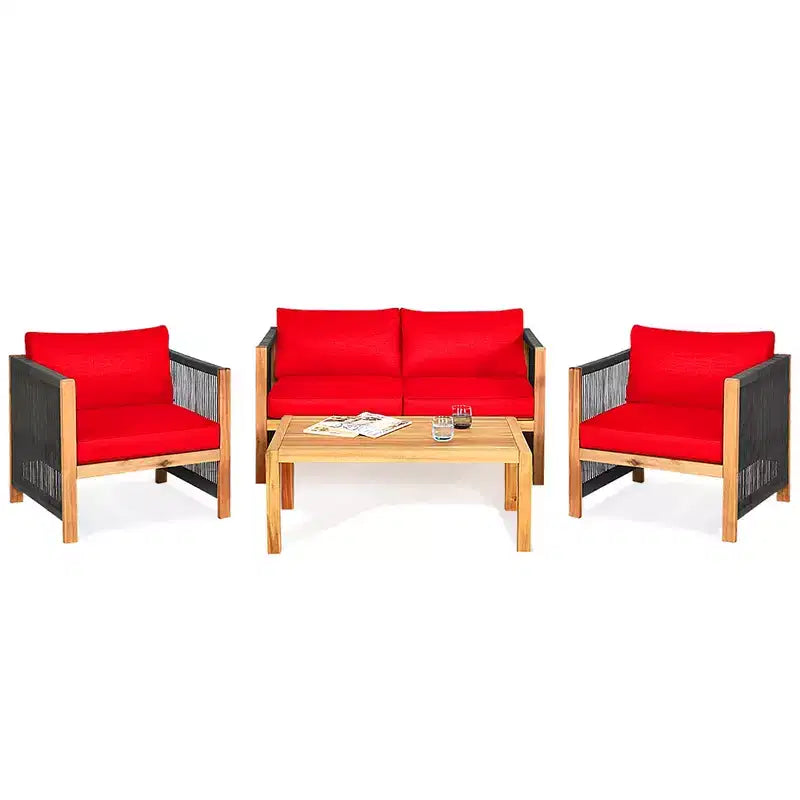 Costway 8PCS Wooden Patio Furniture Set Cushioned Sofa W/Rope Armrest White\Turquoise\Red