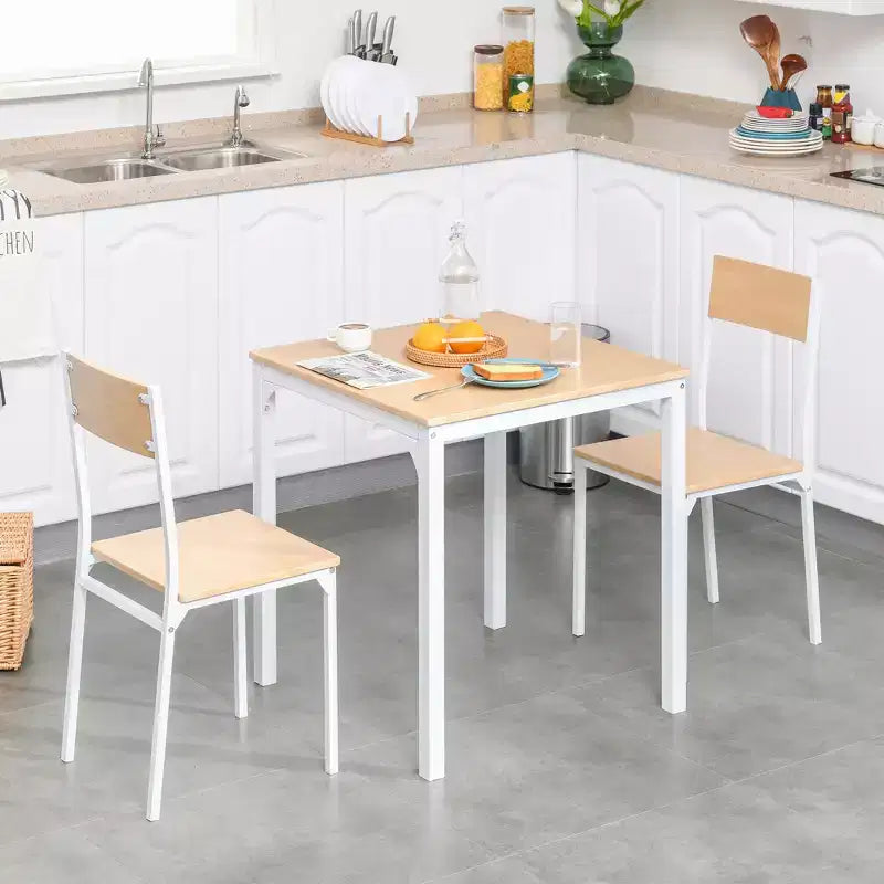 HOMCOM 3-Piece Wooden Square Dining Table Set with 1 Table and 2 Chairs and Sturdy Metal Frame for Small Space, White