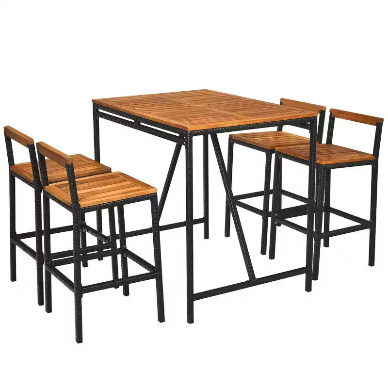 Ensemble de table haute et tabourets de jardin en rotin 5 pièces Costway, plateau en bois d’acacia avec trou pour parasol