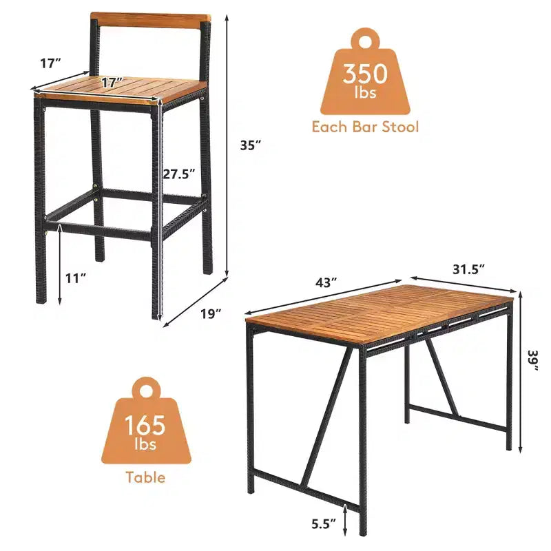 Ensemble de table haute et tabourets de jardin en rotin 5 pièces Costway, plateau en bois d’acacia avec trou pour parasol