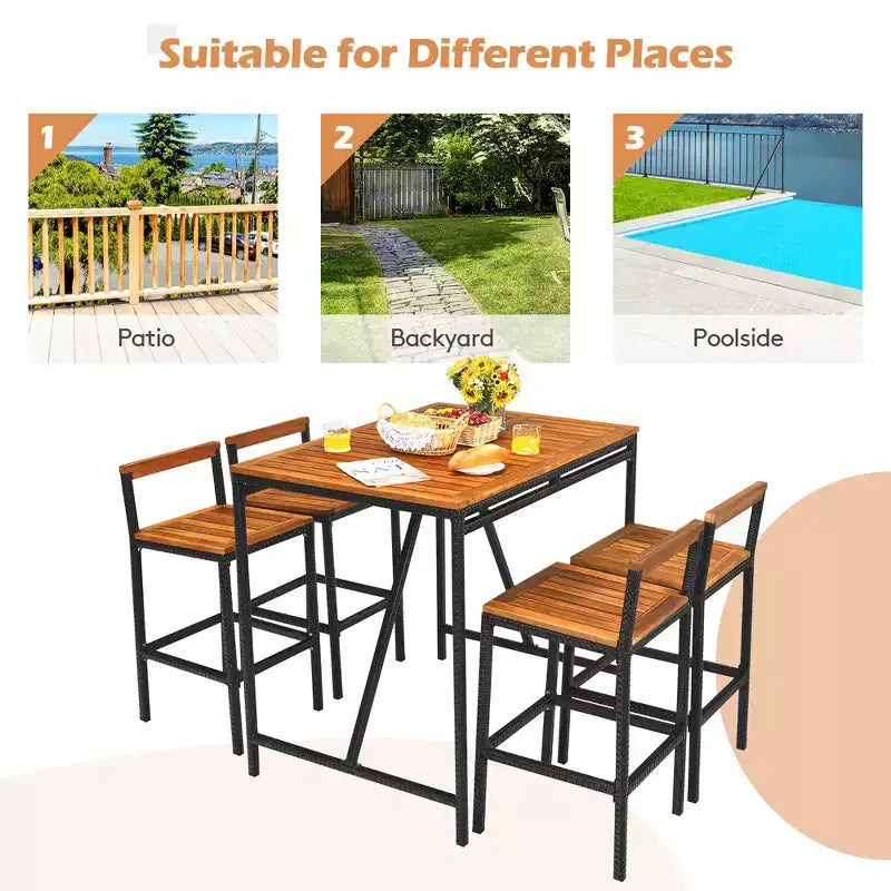 Ensemble de table haute et tabourets de jardin en rotin 5 pièces Costway, plateau en bois d’acacia avec trou pour parasol