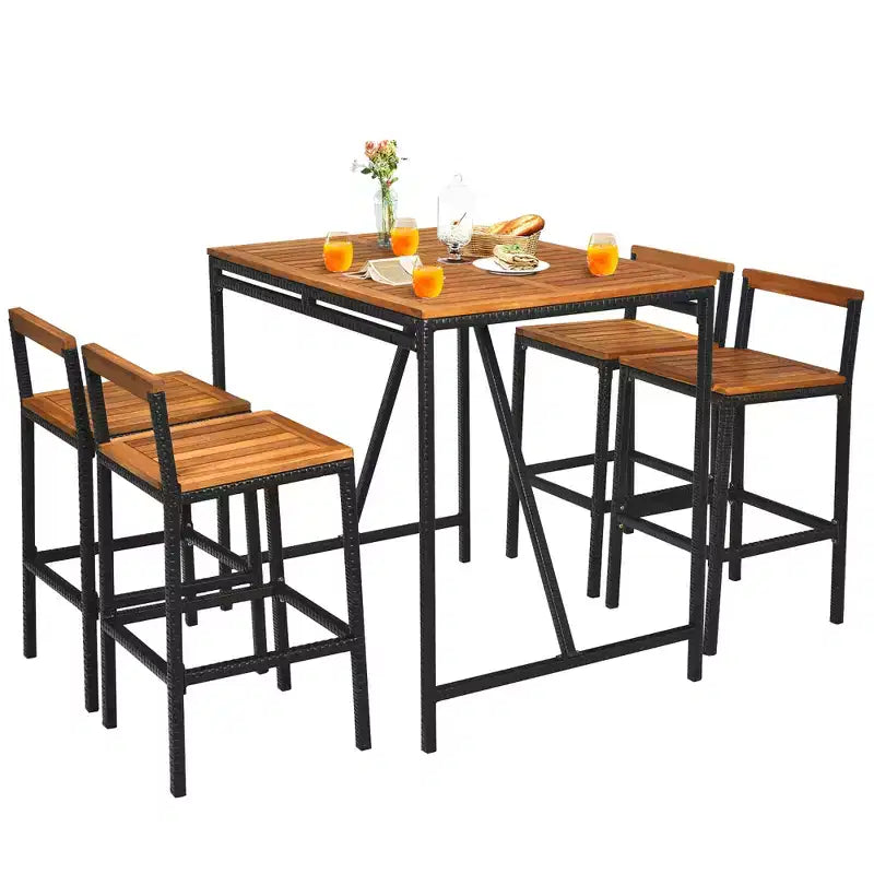 Ensemble de table haute et tabourets de jardin en rotin 5 pièces Costway, plateau en bois d’acacia avec trou pour parasol