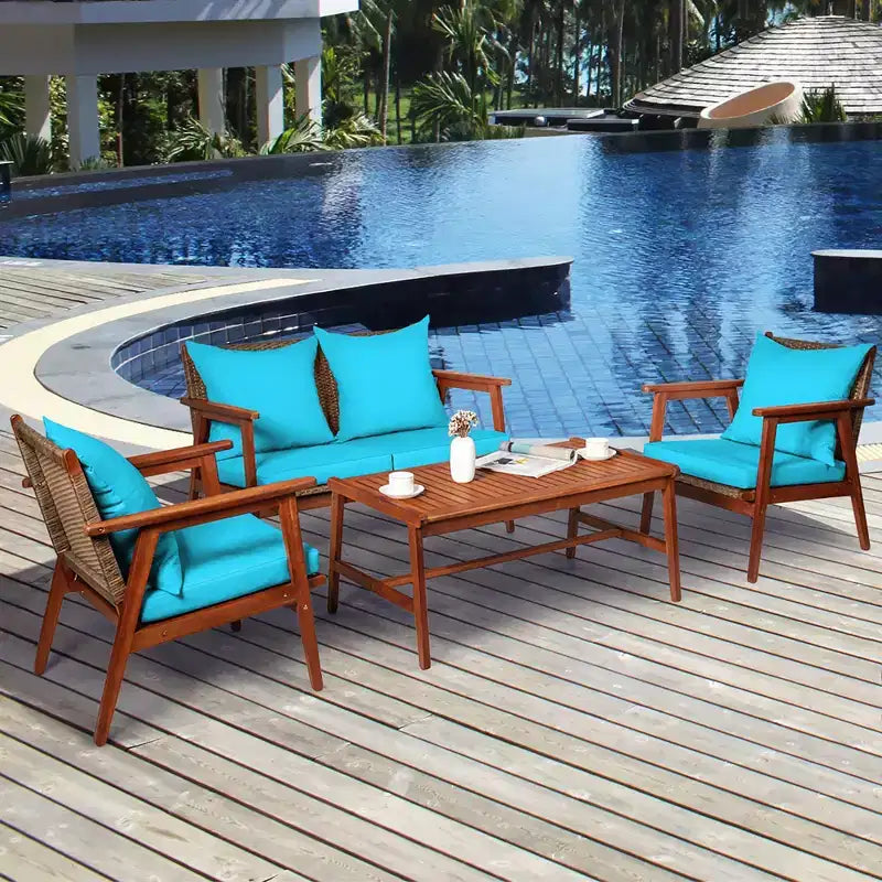 Costway 8PCS Patio Rattan Furniture Set Acacia Wood Frame Cushioned Sofa Chair Turquoise