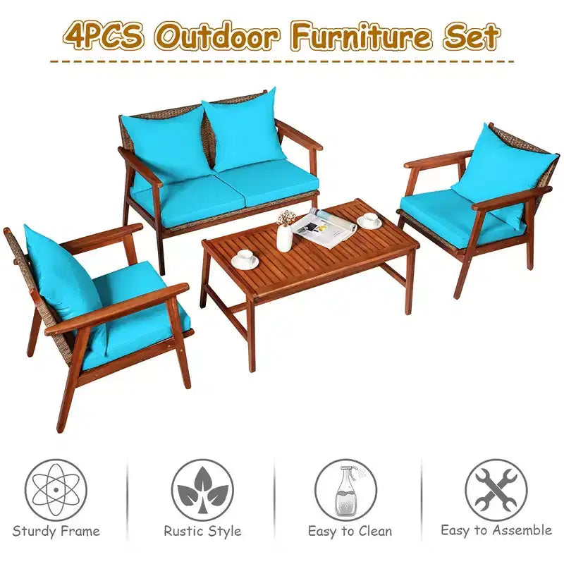 Costway 8PCS Patio Rattan Furniture Set Acacia Wood Frame Cushioned Sofa Chair Turquoise