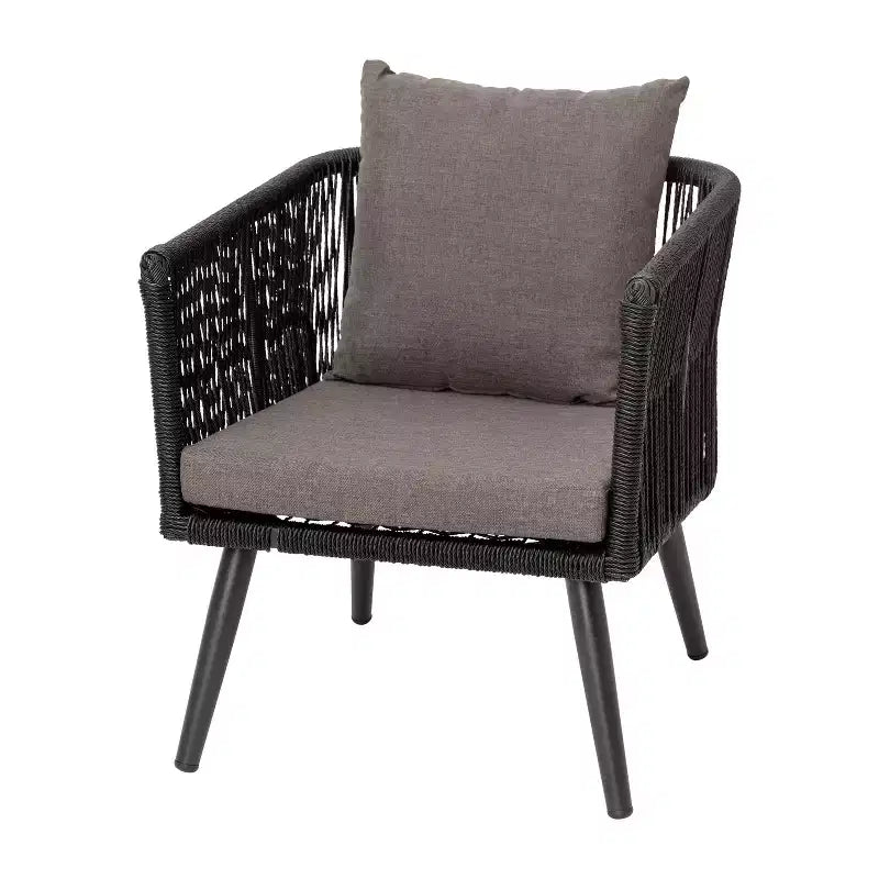 Merrick Lane tuinmeubelset voor buiten met 4 delen: zwarte loveseat en 2 stoelen met gevlochten aluminium frame en salontafel, met grijze kussens