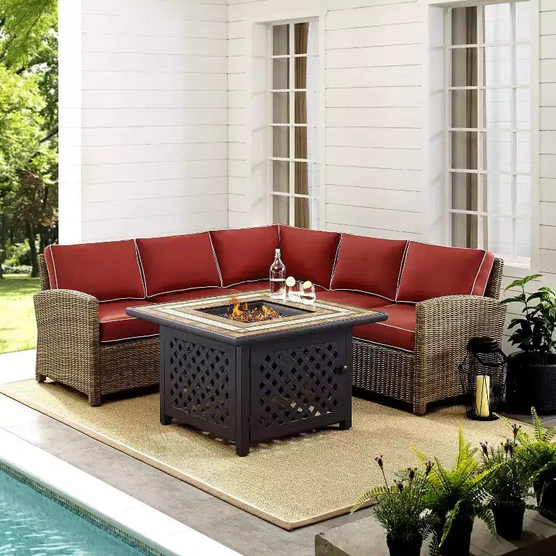 Bradenton 4-delige loungeset van wicker voor buiten met vuurtafel - Crosley