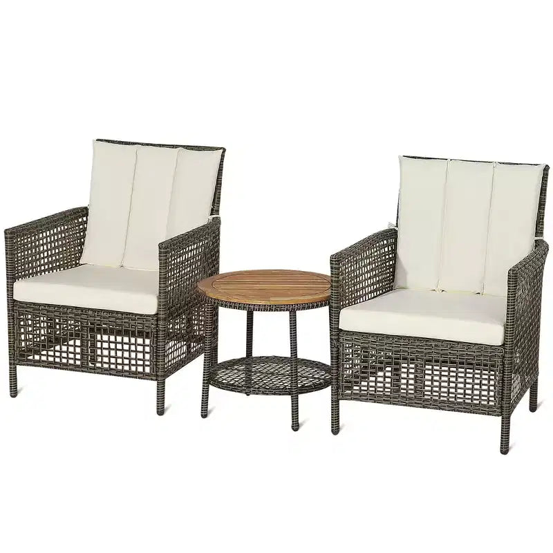 Costway Patiojoy 3PCS Patio Rattan Furniture Set Cushioned Sofas Wood Table Top W/Shelf