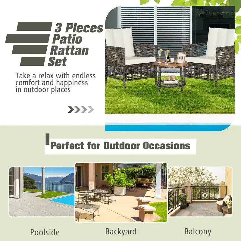 Costway Patiojoy 3PCS Patio Rattan Furniture Set Cushioned Sofas Wood Table Top W/Shelf