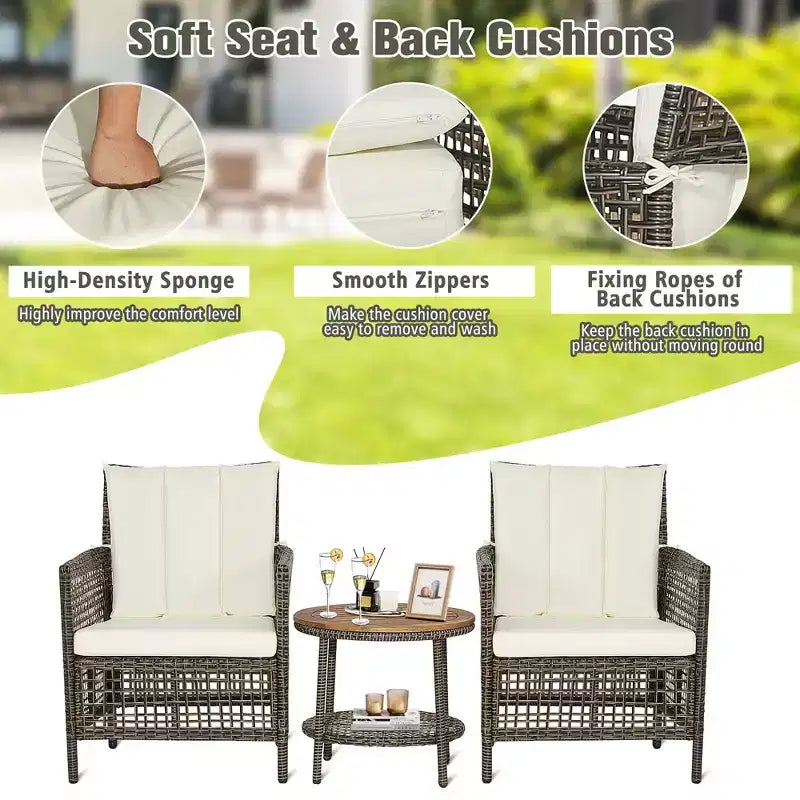 Costway Patiojoy 3PCS Patio Rattan Furniture Set Cushioned Sofas Wood Table Top W/Shelf