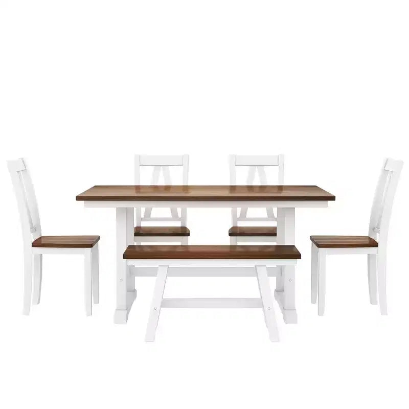 6-delige houten eettafelset in boerderijstijl met lange bank en 4 eetkamerstoelen - ModernLuxe