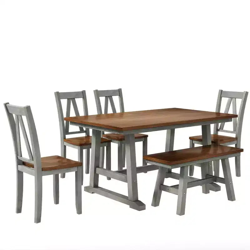 6-delige houten eettafelset in boerderijstijl met lange bank en 4 eetkamerstoelen - ModernLuxe