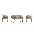 Merrick Lane vierdelige boho-patiomeubelset van natuurlijk rotan touw met open vlechtwerk voor binnen en buiten, met twee stoelen, een tweezitsbank en een tafel met kussens