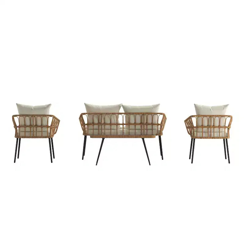 Merrick Lane vierdelige boho-patiomeubelset van natuurlijk rotan touw met open vlechtwerk voor binnen en buiten, met twee stoelen, een tweezitsbank en een tafel met kussens