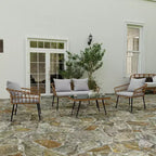 Merrick Lane vierdelige boho-patiomeubelset van natuurlijk rotan touw met open vlechtwerk voor binnen en buiten, met twee stoelen, een tweezitsbank en een tafel met kussens