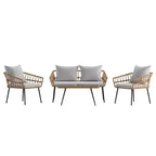 Merrick Lane vierdelige boho-patiomeubelset van natuurlijk rotan touw met open vlechtwerk voor binnen en buiten, met twee stoelen, een tweezitsbank en een tafel met kussens