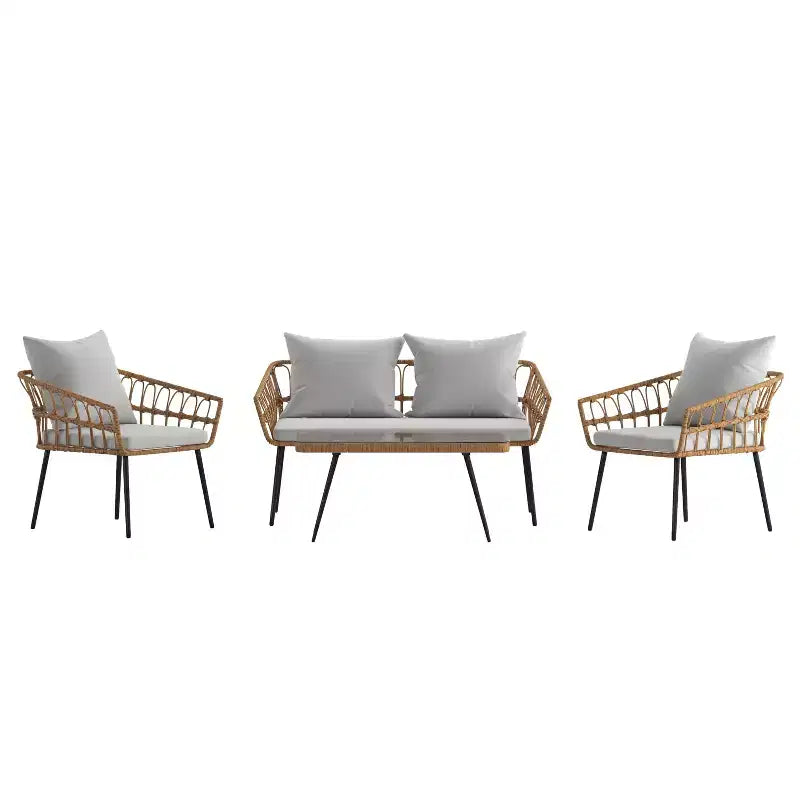 Merrick Lane vierdelige boho-patiomeubelset van natuurlijk rotan touw met open vlechtwerk voor binnen en buiten, met twee stoelen, een tweezitsbank en een tafel met kussens