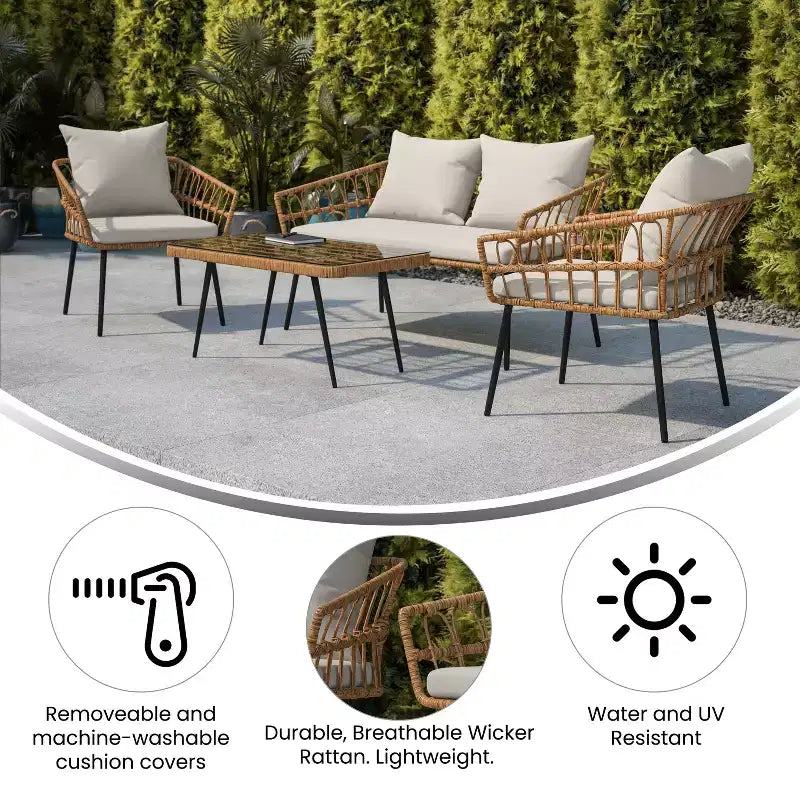 Merrick Lane vierdelige boho-patiomeubelset van natuurlijk rotan touw met open vlechtwerk voor binnen en buiten, met twee stoelen, een tweezitsbank en een tafel met kussens