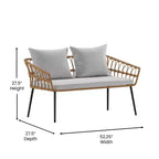 Merrick Lane vierdelige boho-patiomeubelset van natuurlijk rotan touw met open vlechtwerk voor binnen en buiten, met twee stoelen, een tweezitsbank en een tafel met kussens