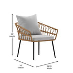 Merrick Lane vierdelige boho-patiomeubelset van natuurlijk rotan touw met open vlechtwerk voor binnen en buiten, met twee stoelen, een tweezitsbank en een tafel met kussens