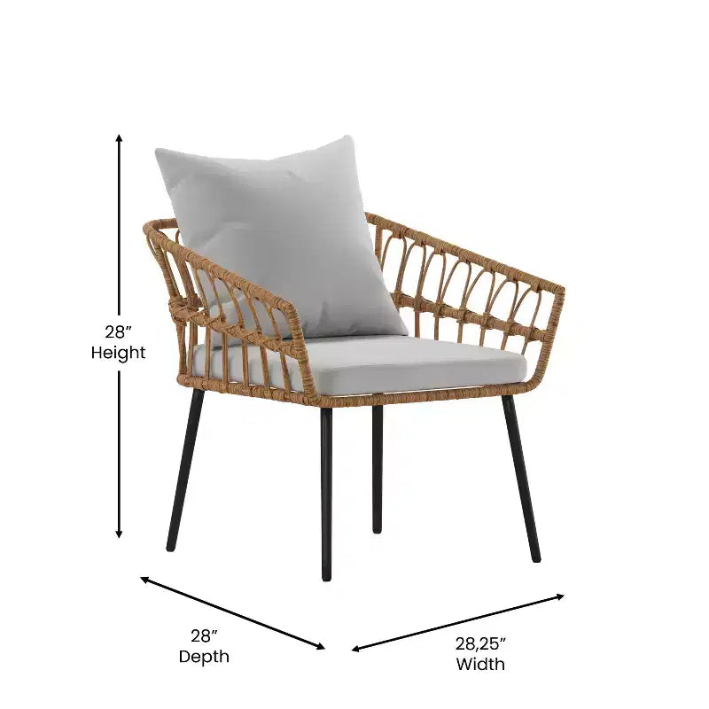 Merrick Lane vierdelige boho-patiomeubelset van natuurlijk rotan touw met open vlechtwerk voor binnen en buiten, met twee stoelen, een tweezitsbank en een tafel met kussens
