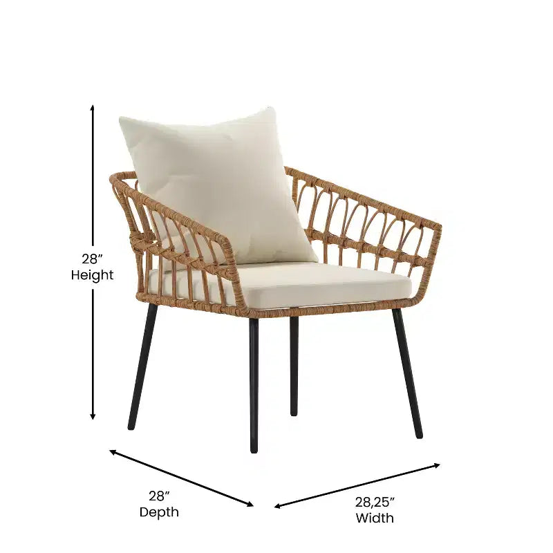 Merrick Lane vierdelige boho-patiomeubelset van natuurlijk rotan touw met open vlechtwerk voor binnen en buiten, met twee stoelen, een tweezitsbank en een tafel met kussens