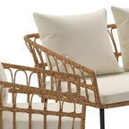 Merrick Lane vierdelige boho-patiomeubelset van natuurlijk rotan touw met open vlechtwerk voor binnen en buiten, met twee stoelen, een tweezitsbank en een tafel met kussens