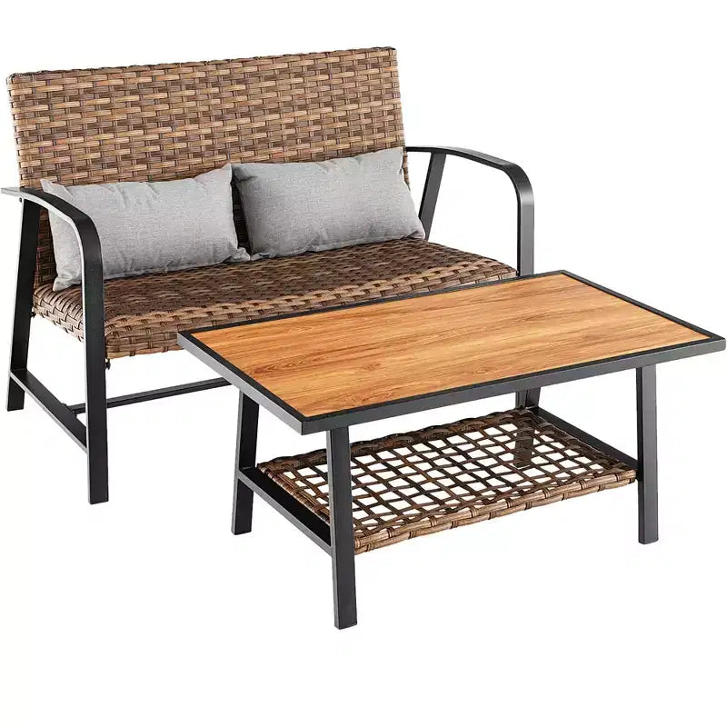 Costway 2 PCS Patio Rattan Loveseat Coffee Table Set Padded Back & Seat Pillow Quick Dry
