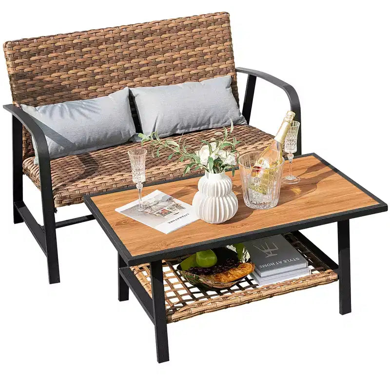 Costway 2 PCS Patio Rattan Loveseat Coffee Table Set Padded Back & Seat Pillow Quick Dry