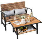 Costway 2 PCS Patio Rattan Loveseat Coffee Table Set Padded Back & Seat Pillow Quick Dry