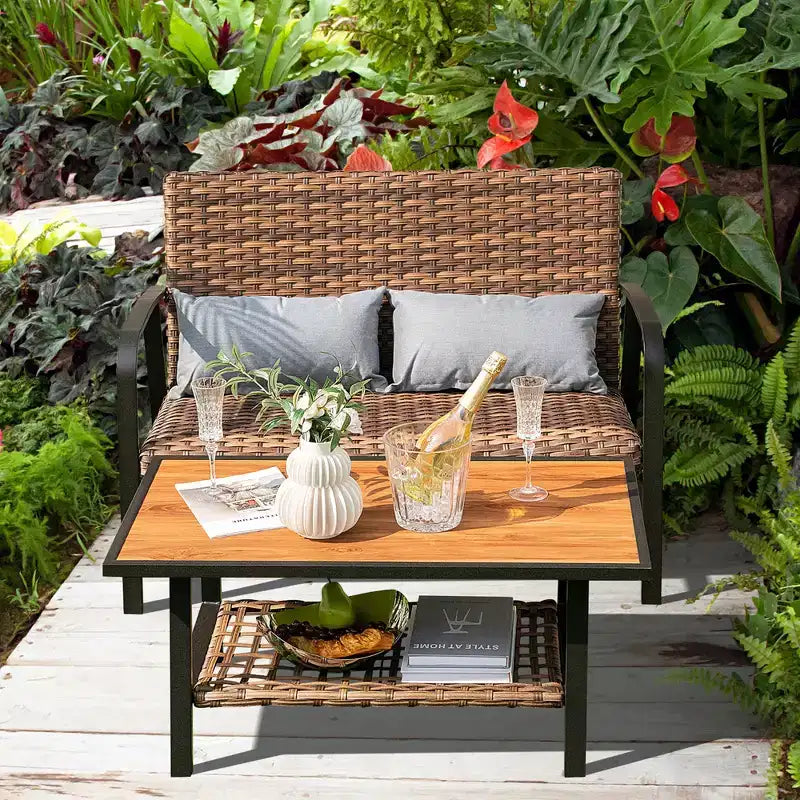 Costway 2 PCS Patio Rattan Loveseat Coffee Table Set Padded Back & Seat Pillow Quick Dry
