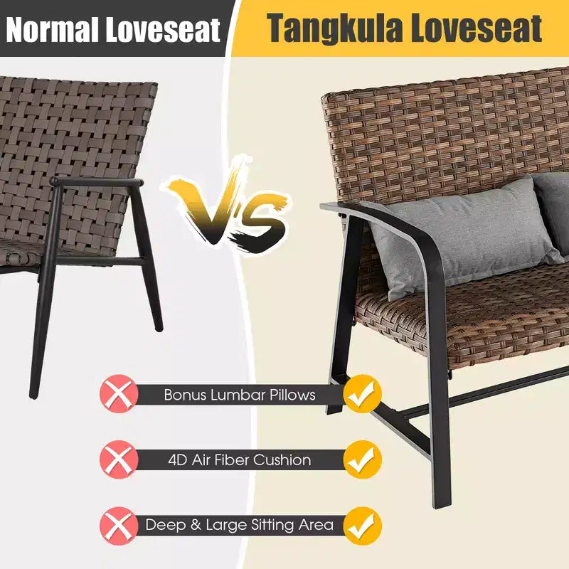 Costway 2 PCS Patio Rattan Loveseat Coffee Table Set Padded Back & Seat Pillow Quick Dry