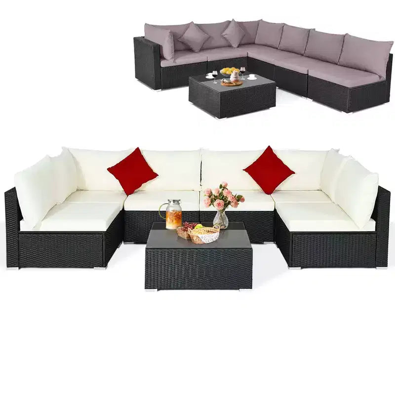 Costway 7PCS Patio Rattan Furniture Set Sectional Sofas Off White & Grey Cushion Covers