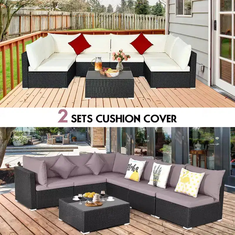 Costway 7PCS Patio Rattan Furniture Set Sectional Sofas Off White & Grey Cushion Covers