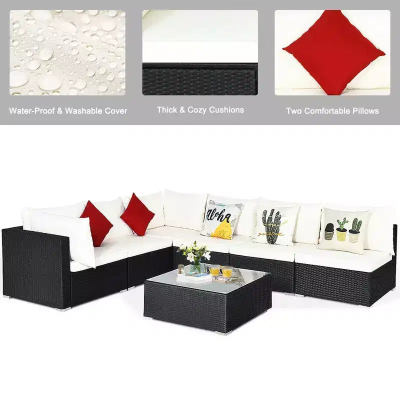 Costway 7PCS Patio Rattan Furniture Set Sectional Sofas Off White & Grey Cushion Covers