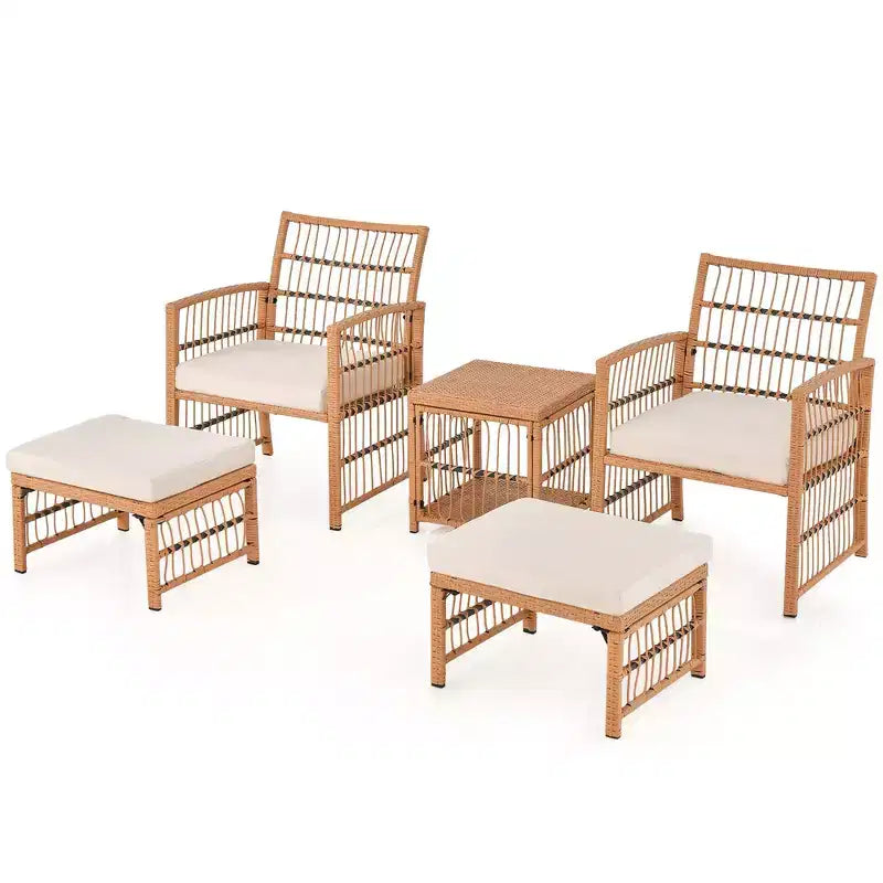 Costway 5-delige loungeset voor de patio van rotan wicker, met salontafel met 2 niveaus en 2 voetenbankjes
