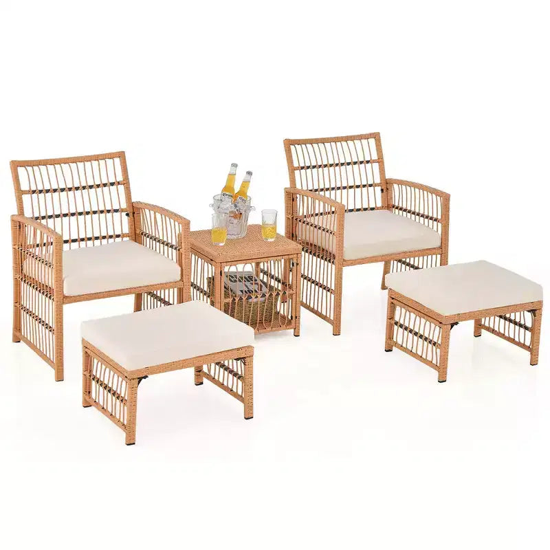 Costway 5-delige loungeset voor de patio van rotan wicker, met salontafel met 2 niveaus en 2 voetenbankjes