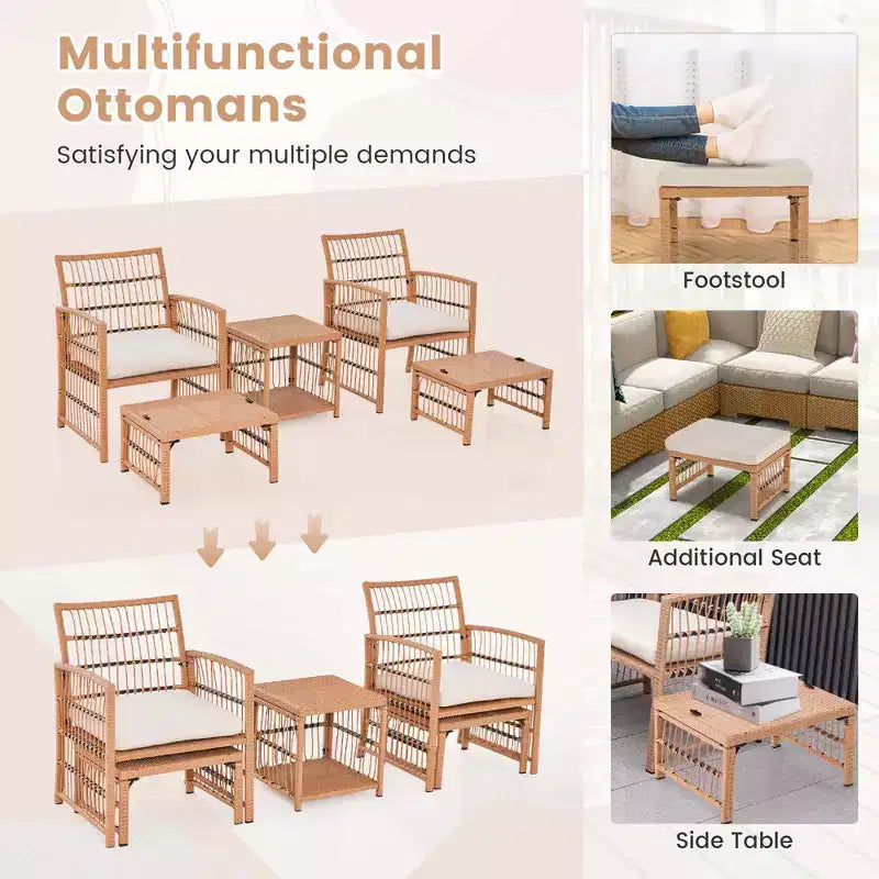 Costway 5-delige loungeset voor de patio van rotan wicker, met salontafel met 2 niveaus en 2 voetenbankjes