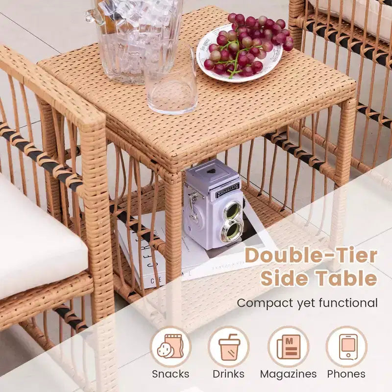 Costway 5-delige loungeset voor de patio van rotan wicker, met salontafel met 2 niveaus en 2 voetenbankjes
