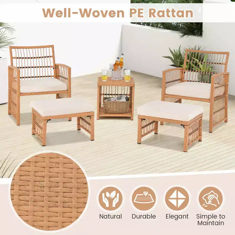 Costway 5-delige loungeset voor de patio van rotan wicker, met salontafel met 2 niveaus en 2 voetenbankjes