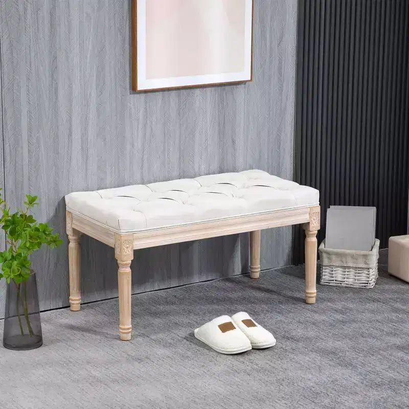 French Vintage Tufted Linen Bedroom Bench with Wood Legs