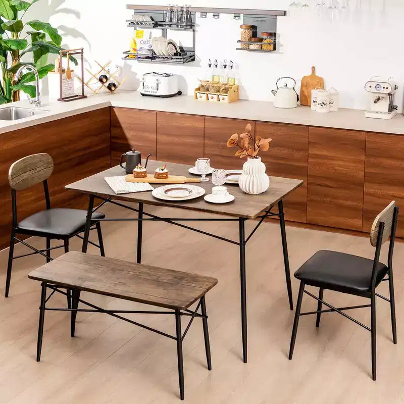 Costway 4 Piece Dining Table Set with Bench & 2 Faux Leather Upholstered Chairs for Kitchen