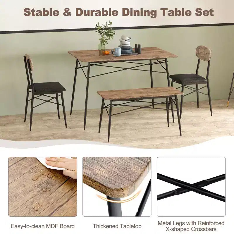 Costway 4 Piece Dining Table Set with Bench & 2 Faux Leather Upholstered Chairs for Kitchen