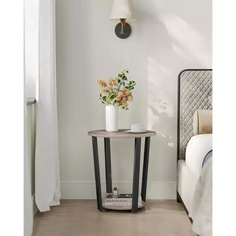 Round Side Table with Storage Shelf Industrial Steel Frame